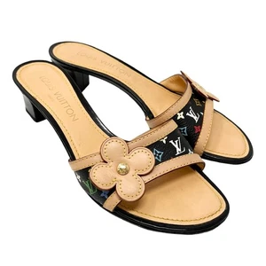 LOUIS VUITTON Vintage Multicolor Monogram Sandals Heels #36.5 Flower Black Beige - Picture 1 of 11