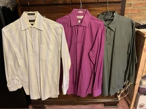 Lot 3  Dress Shirts Olive Green, Raspberry, Blue ,gold Stripe.  16-16.5 Great  - Picture 1 of 10