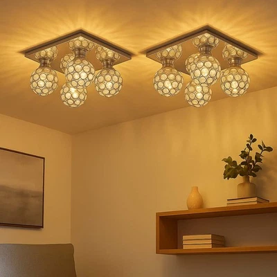 Lampada Da Soffitto Set Di 2 Lampade Con 4 Fiamme Cristalli Argento - Immagine 1 di 4