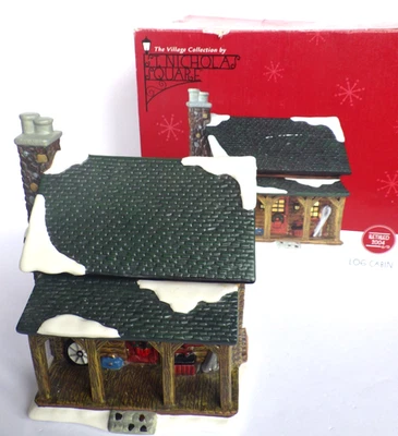 Cabaña de troncos cuadrada de San Nicolás iluminada pueblo de Navidad con caja 1998 Foto 1 de 4