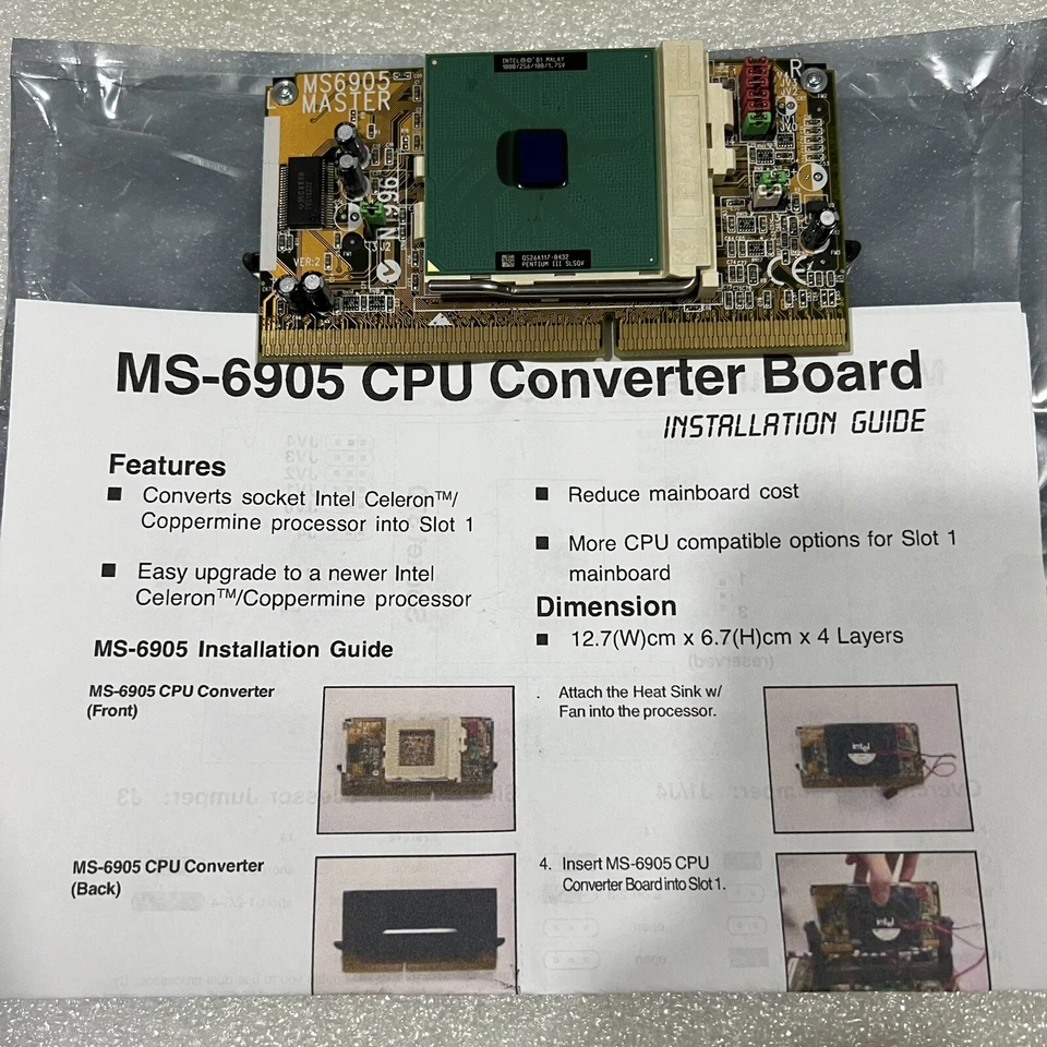 RARE MSI MS-6905 MASTER 2.0 SLOT 1 370 SLOCKET CPU ADAPTER with Pentium 3 SL5QV - Image 1 of 4