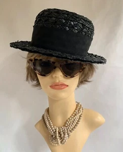 Edward Mann Vintage 1950s Black Boater Polyester Straw Hat With Petersham Ribbon - Picture 1 of 12