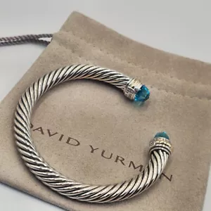 David Yurman Sterling Silver 7mm Blue Topaz And 14K Gold Cable Cuff Bracelet - Picture 1 of 4