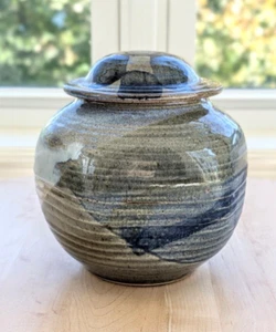 Vintage Studio Art Abstract Pottery Lidded Jar, Ceramic Vessel w/ Lid, Marked - Picture 1 of 10
