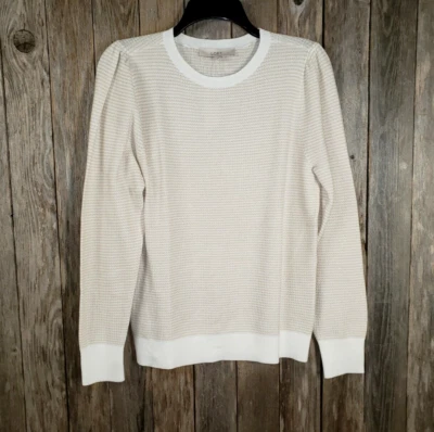 NEW Loft L Sweater Women's White Beige Puff Sleeve Cotton  - Image 1 of 4