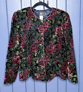 Vintage Floral Crushed Velvet Blazer 14 XL Black Red Green Dark Romance Goth - Picture 1 of 5