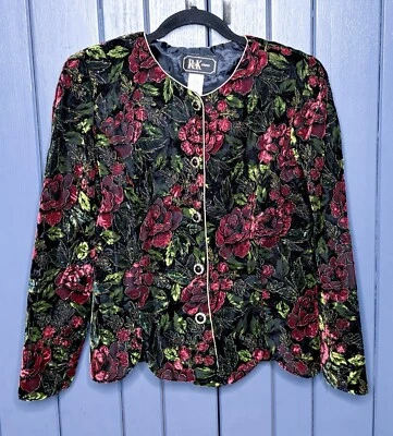 Vintage Floral Crushed Velvet Blazer 14 XL Black Red Green Dark Romance Goth - Image 1 of 4