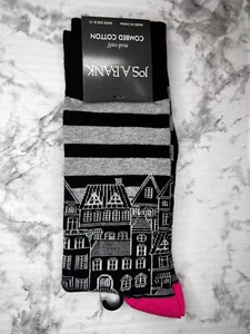 Jos A Bank Mens MidCalf Soft Black White City Scape Socks Pink Toe Heel 8-12 NWT - Picture 1 of 5