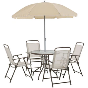 6 PCS Patio Dining Furniture Set with Umbrella 4 Folding Chairs and Table Garden - Picture 1 of 9