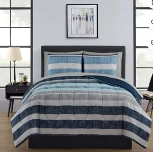 Mainstays Stripe Blue 7 Piece Comforter Set King - Picture 1 of 3