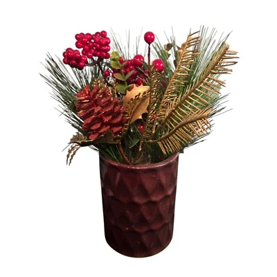 Mini Artificial Christmas Tree Centerpiece Pinecone Maroon Pot Holiday Decor - Image 1 of 4