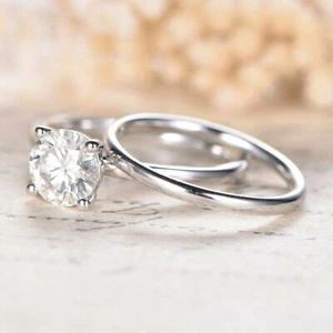 Juego de Boda de Moissanita Enchapado en Oro Blanco de 14 K Anillo de Compromiso Redondo de Novia de 1,5 quilates - Imagen 1 de 7