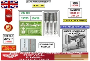 SINGER107W ZIGZAG 797CH,135X5 SIZE=100/16 LOCKSTITCH LEATHER INDUST MCHN NEEDLE - Picture 1 of 4