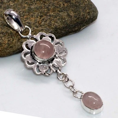 925 Silver Plated Drop Rose Quartz Pendant Handmade Gemstone Size 2.7" JW - Image 1 of 3