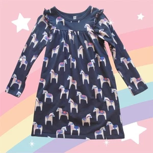 Abito bambina Tea Collection blu dipinto Dala cavallo stampato manica volant taglia 6 - Foto 1 di 1