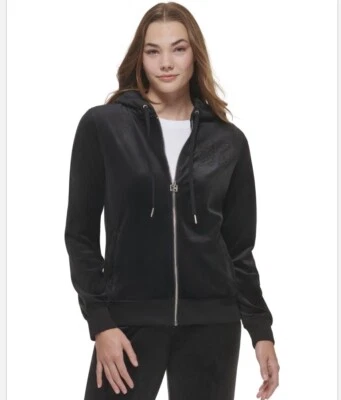 Calvin Klein Velvet Hoodie Jacket MEDIUM Black Rhinestone Logo Womens NWT - Image 1 of 4