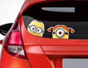 x2 Peeping Minion Brother & Sister - Funny Car or Van Window / Bumper Sticker - Picture 1 of 1