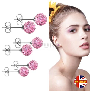 5-8MM Small Big Round Pink Crystal Disco Ball Shamballa Sleeper Stud Earrings UK - Picture 1 of 36
