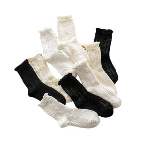 3 Pairs Women Cute Decorative Border Socked Cotton Solid Mid Calf In Tube Socks - Picture 1 of 20