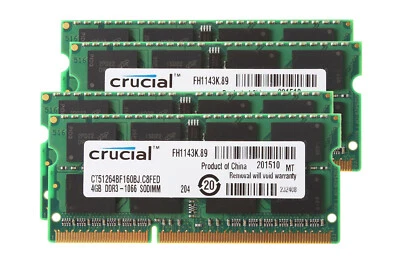 Crucial DDR3 RAM 16 GB 4x 4 GB 1066MHz PC3-8500 200pin SODIMM Laptop Memory CL7 - Image 1 of 4