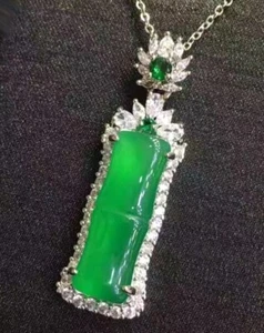Real Green Chalcedony Jade Bamboo 18KGP Cubic zirconia Flower Pendant Necklace - Picture 1 of 16