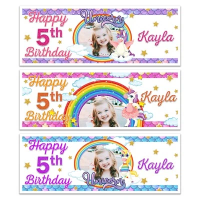 BANNER DE CUMPLEAÑOS PERSONALIZADO NIÑAS UNICORNIO AÑADIR UNA FOTO NOMBRE ARCO IRIS Foto 1 de 4