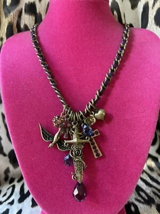 Betsey Johnson Vintage Purple Crystal Sword Dagger Knife Cross Charm Necklace - Picture 1 of 5