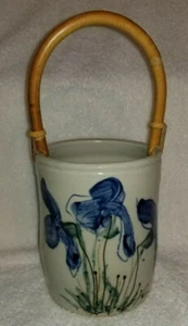 Jim Reno NY Studio Art Pottery Vase with Wood Handle Hand Painted Blue Iris 2002 - Picture 1 of 10