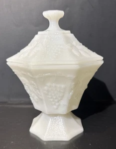 Anchor Hocking Milk Glass Canister Lidded Candy Dish Grape Panel Octagon - Picture 1 of 7