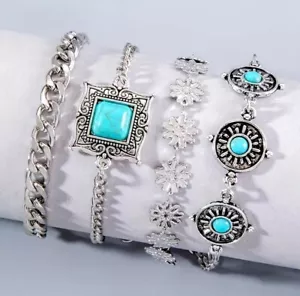 Antico Boho Set di 4 Pezzi Braccialetti, Inserto Turchese, Catena Cubana Donna - Foto 1 di 4