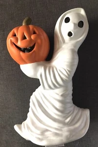 12” Vintage Ceramic Halloween Ghost Holding Pumpkin Halloween Jack-o-lantern - Picture 1 of 12