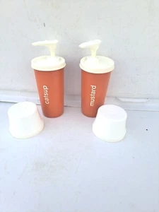 Vtg Tupperware Orange Catsup Mustard Dispensers Pump W/ Lid Cover 5"  #1329-2, 3 - Picture 1 of 3