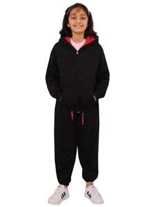 Kids Plain Tracksuit Black & Pink Contrast Hoodie with Jogger Activewear Set - Picture 1 of 9