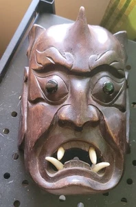 Vintage Hand Carved Japanese Demon/Devil Oni Mask, black Eyes wall Decor - Picture 1 of 4