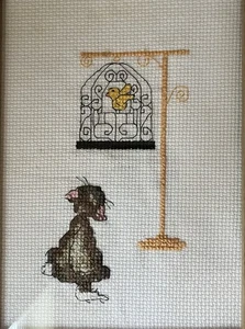 Cross Stitch Kitty Cat Watching Bird Cage Frame W/Glass 5.75x6.7.75” MEOW - Picture 1 of 5