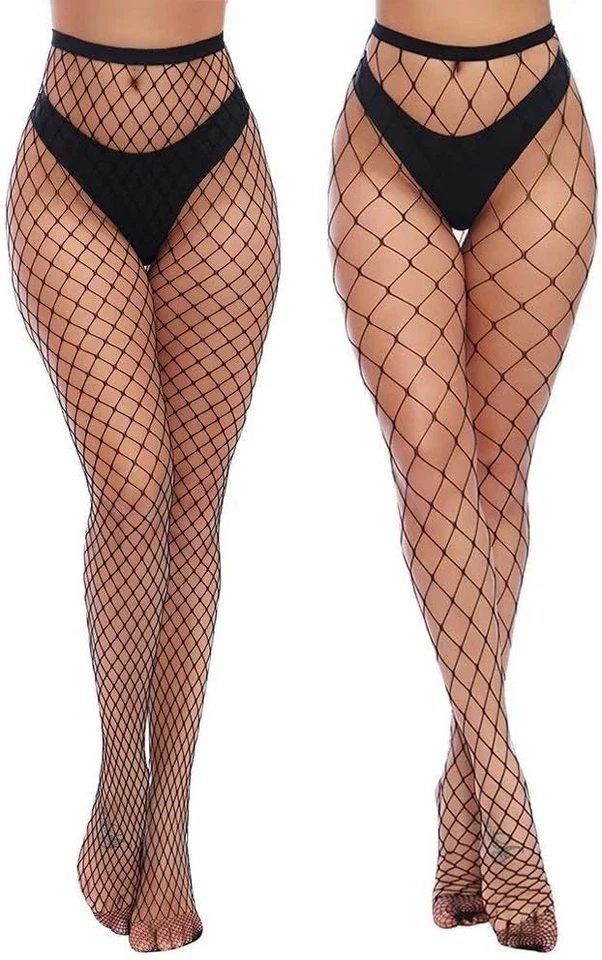 Womens High Waist Tights Fishnet Stockings Thigh Pantyhose 2 Pair 1 Black G5 SMA