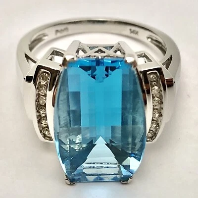 Anillo de 12 diamantes de topacio azul corte millennial de oro blanco macizo de 14 k talla 6,25, 6,22 g Foto 1 de 4