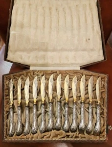 Antique French Set Of 12 Silver Plated Knives Vermeil Blades In Box 20th C - Picture 1 of 9
