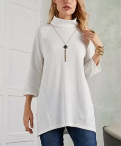 Suzanne Betro Ivory Textured Three-Quarter Sleeve Mock Neck Tunic SZ S **NWT - Picture 1 of 10