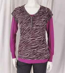 Athleta sz M Wine & Pink Solid and Zebra Print Layered Look Long Sleeve Knit Top - Picture 1 of 9