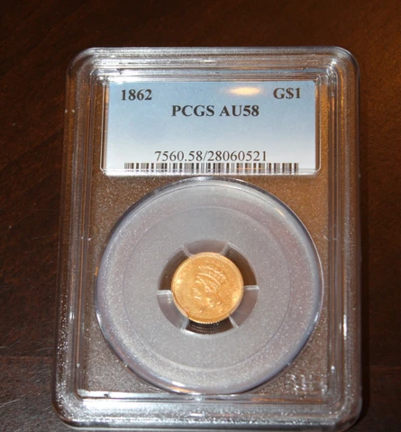 1862 Indian Gold Dollar G$1 - Certified PCGS AU58  - Rare Early Coin! Cover
