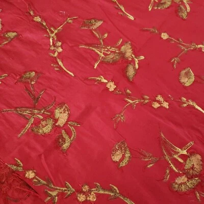 Embroidered Silk Taffeta Fabric Red Gold Painted Foiled 43 x 68 Inch Reversible - Image 1 of 4