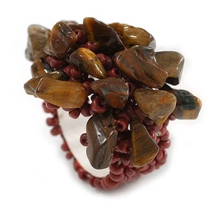 Brown Glass Bead and Semiprecious Stone Cluster Band Style Flex Ring/ Size L - Picture 1 of 6