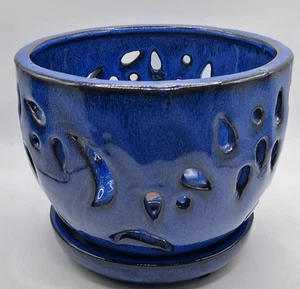 Blue Glaze Ceramic Open Hole Orchid Flower Pot Planter Drain Saucer 4.5" T  6" W - Picture 1 of 5
