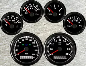 6 Gauge Set,GPS 200MPH Speedo with Lights,Tchometer,Fuel,Temp,Volts,Oil Pressure - Picture 1 of 7