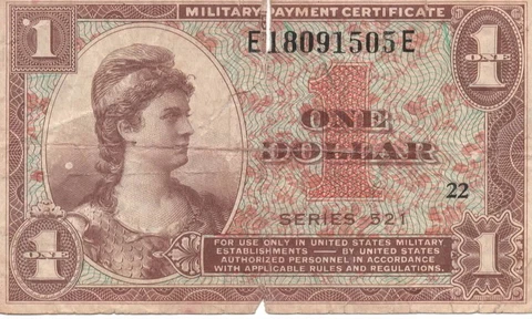 U.S. Military Payment Certificate 1 Dollar (1954) Series 521 Circulated w/rip Cover
