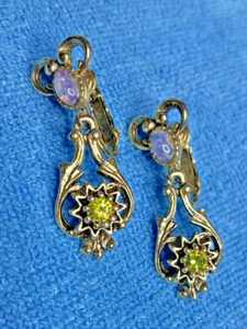 Coventry signierte goldfarbene Steine gelb & Opal Ohrhänger/Tropfen Clip Ohrringe Vintage - Bild 1 von 11