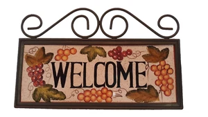 Welcome Plaque Tile Sign Hand Painted Ceramic Iron Mount Frame - Picture 1 of 10