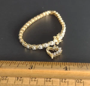 Sterling Silver Gold Vermeil Tennis Bracelet W/Dangling Heart Charm *11.8 Grams - Picture 1 of 4