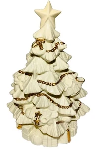 L. R. Cream Ceramic Porcelain Lighted Christmas Tree Gold Trim Presents 10 3/4” - Picture 1 of 9